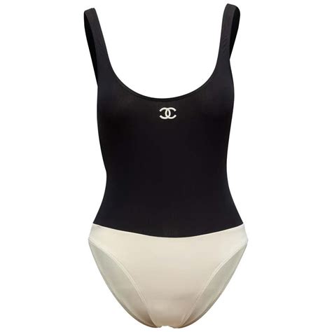 chanel one piece swimsuit black and white